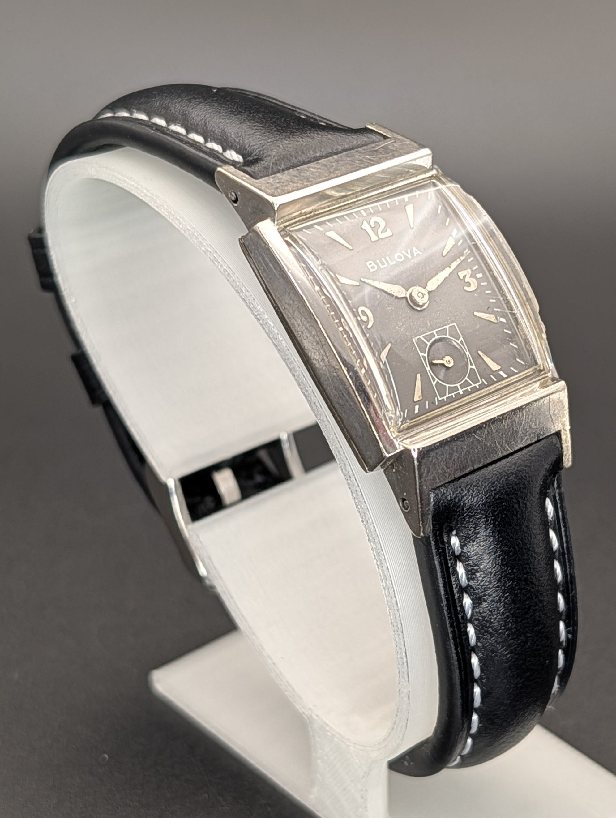 Bulova Douglas (1953) Gray Dial Vintage Watch in 10k Gold Filled Case on Black Leather Strap