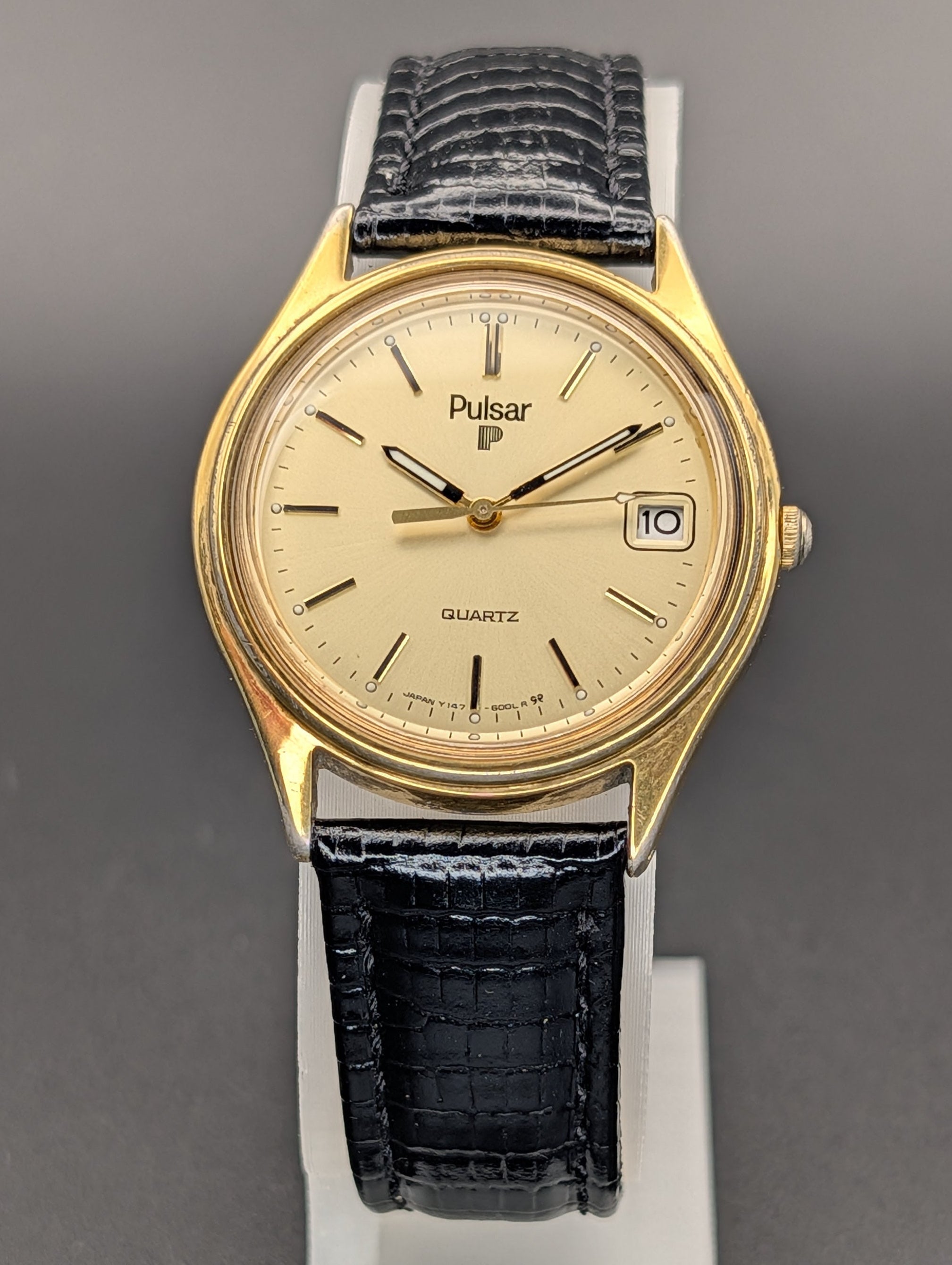 Pulsar Quartz Vintage Watch Gold Tone on Lizard Print Leather Strap
