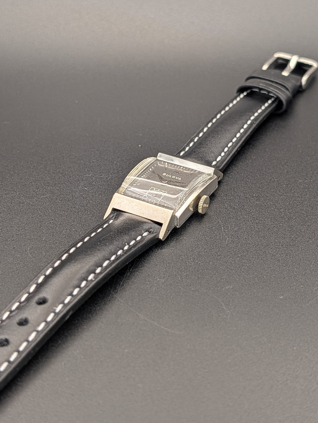 Bulova Douglas (1953) Gray Dial Vintage Watch in 10k Gold Filled Case on Black Leather Strap