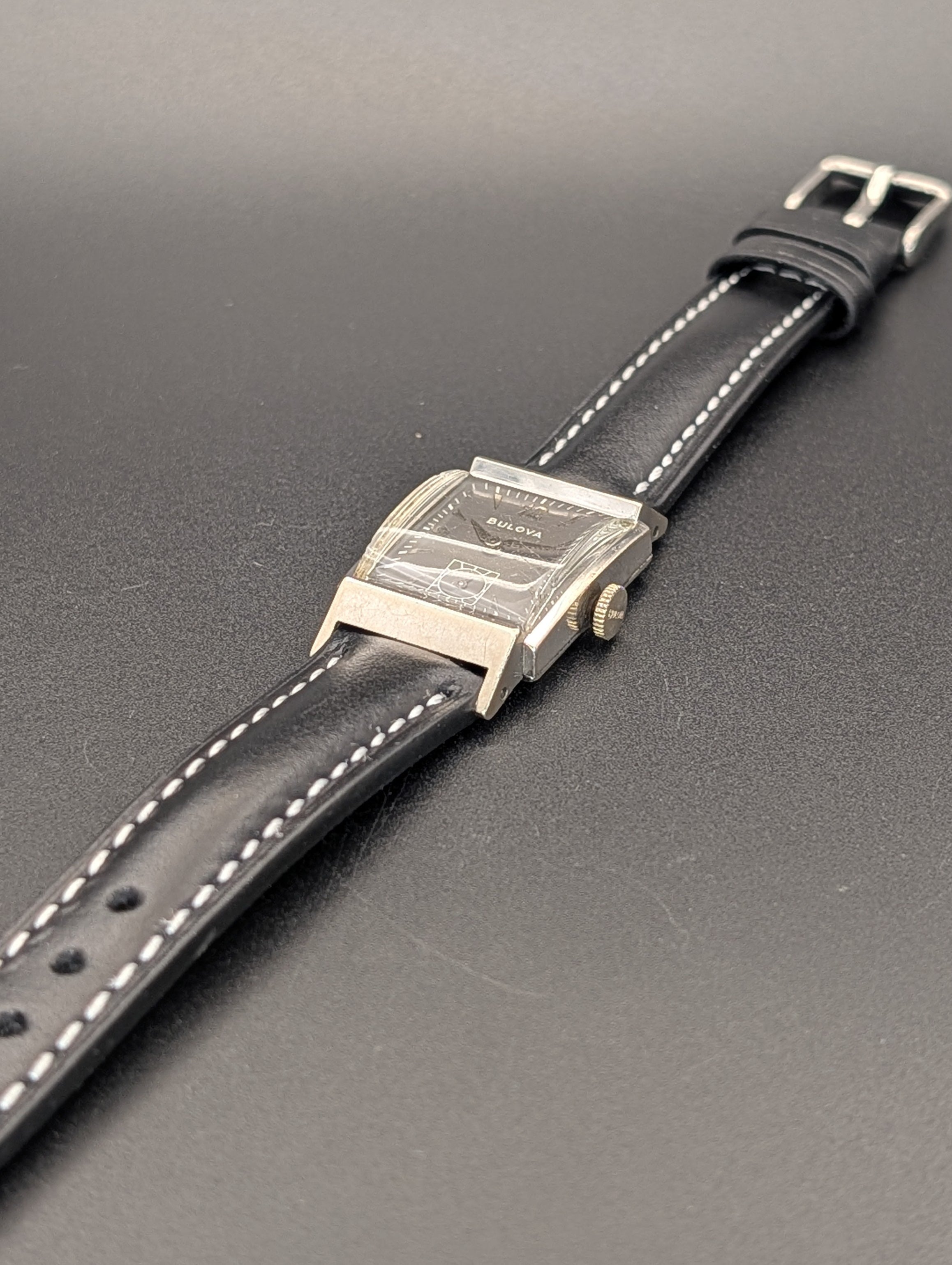 Bulova Douglas (1953) Gray Dial Vintage Watch in 10k Gold Filled Case on Black Leather Strap