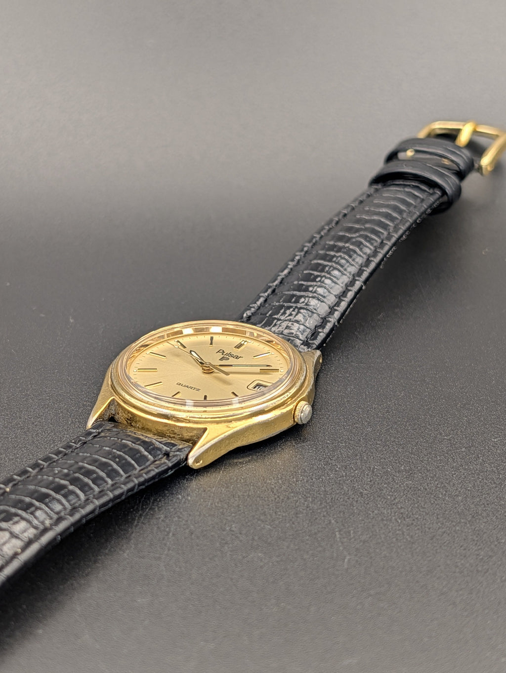 Pulsar Quartz Vintage Watch Gold Tone on Lizard Print Leather Strap