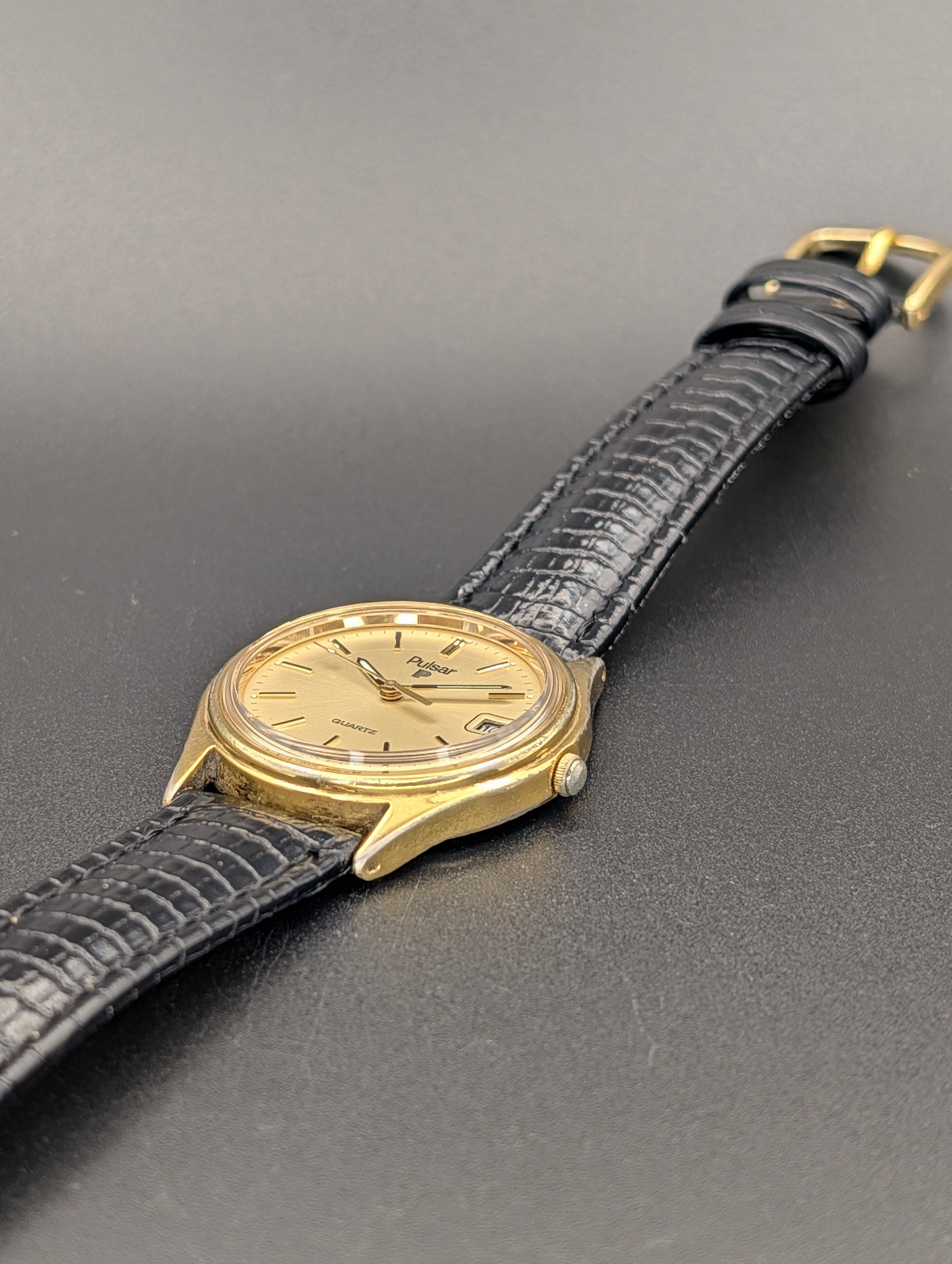 Pulsar Quartz Vintage Watch Gold Tone on Lizard Print Leather Strap