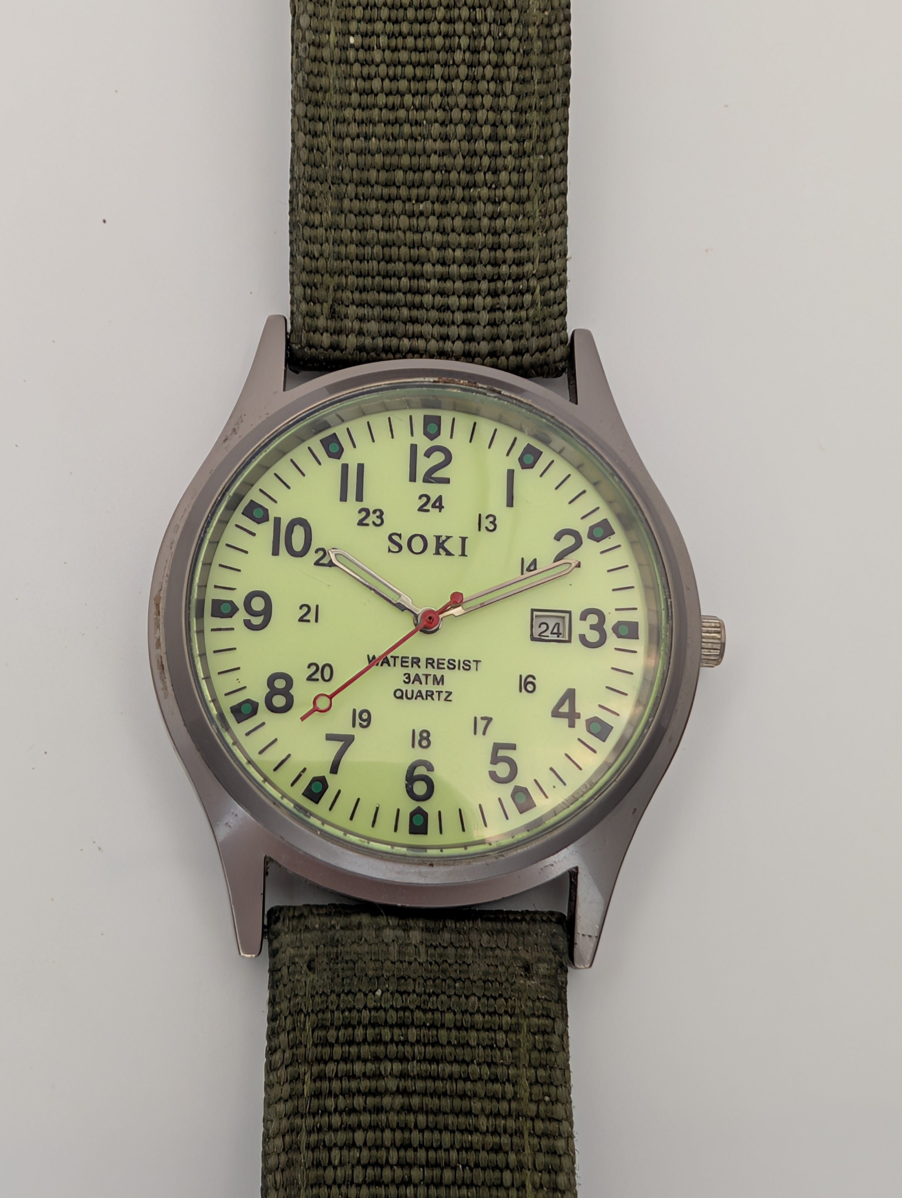 Soki Military Style Quartz Watch on Olive Green Two Piece NATO
