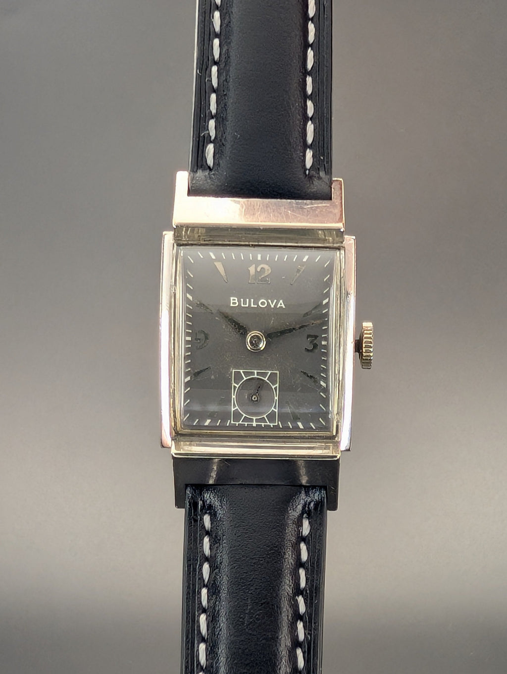 Bulova Douglas (1953) Gray Dial Vintage Watch in 10k Gold Filled Case on Black Leather Strap