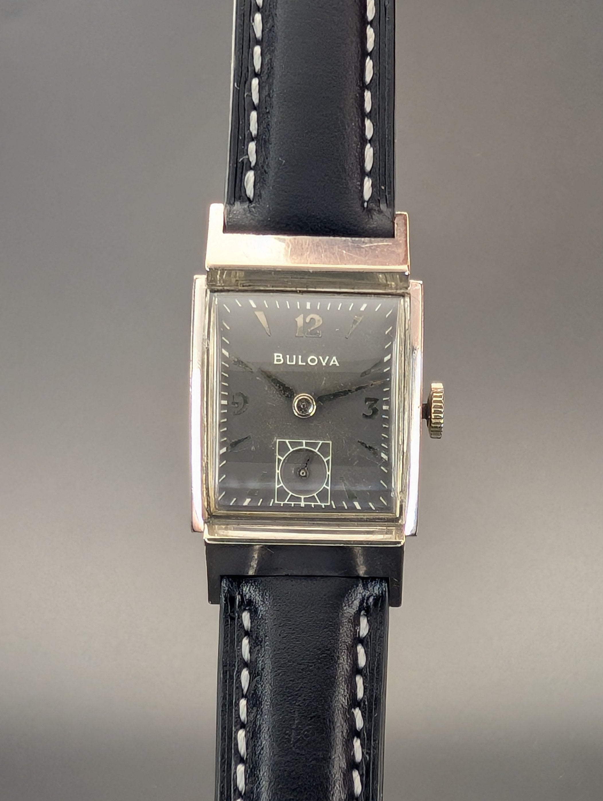 Bulova Douglas (1953) Gray Dial Vintage Watch in 10k Gold Filled Case on Black Leather Strap