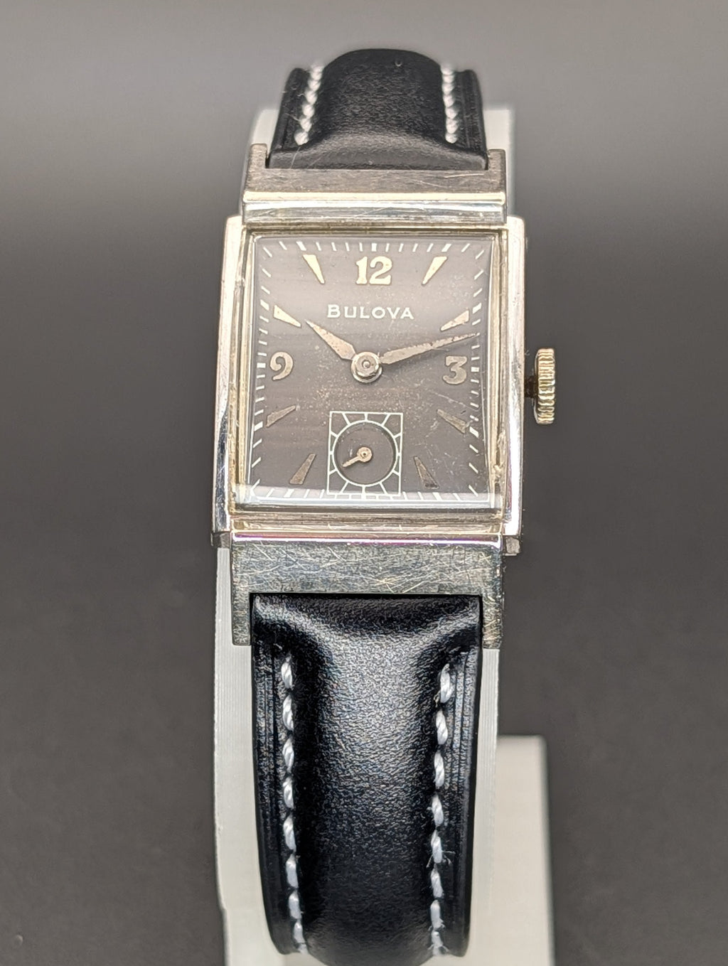 Bulova Douglas (1953) Gray Dial Vintage Watch in 10k Gold Filled Case on Black Leather Strap