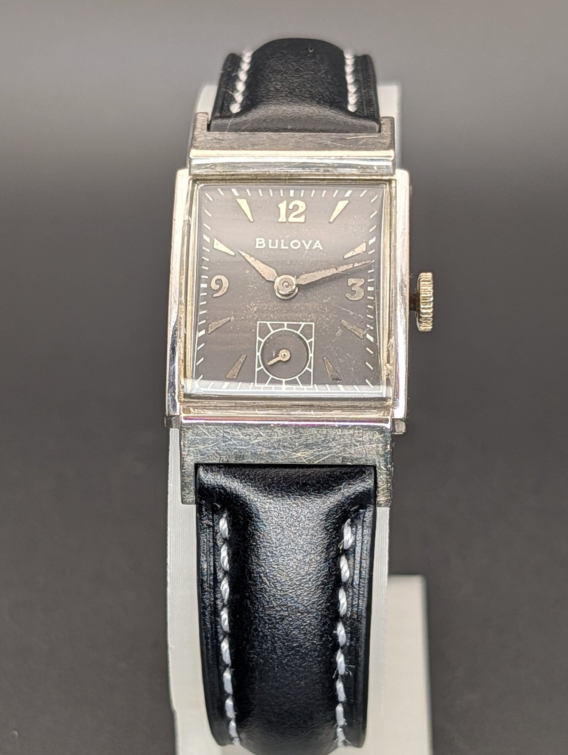 Bulova Douglas (1953) Gray Dial Vintage Watch in 10k Gold Filled Case on Black Leather Strap