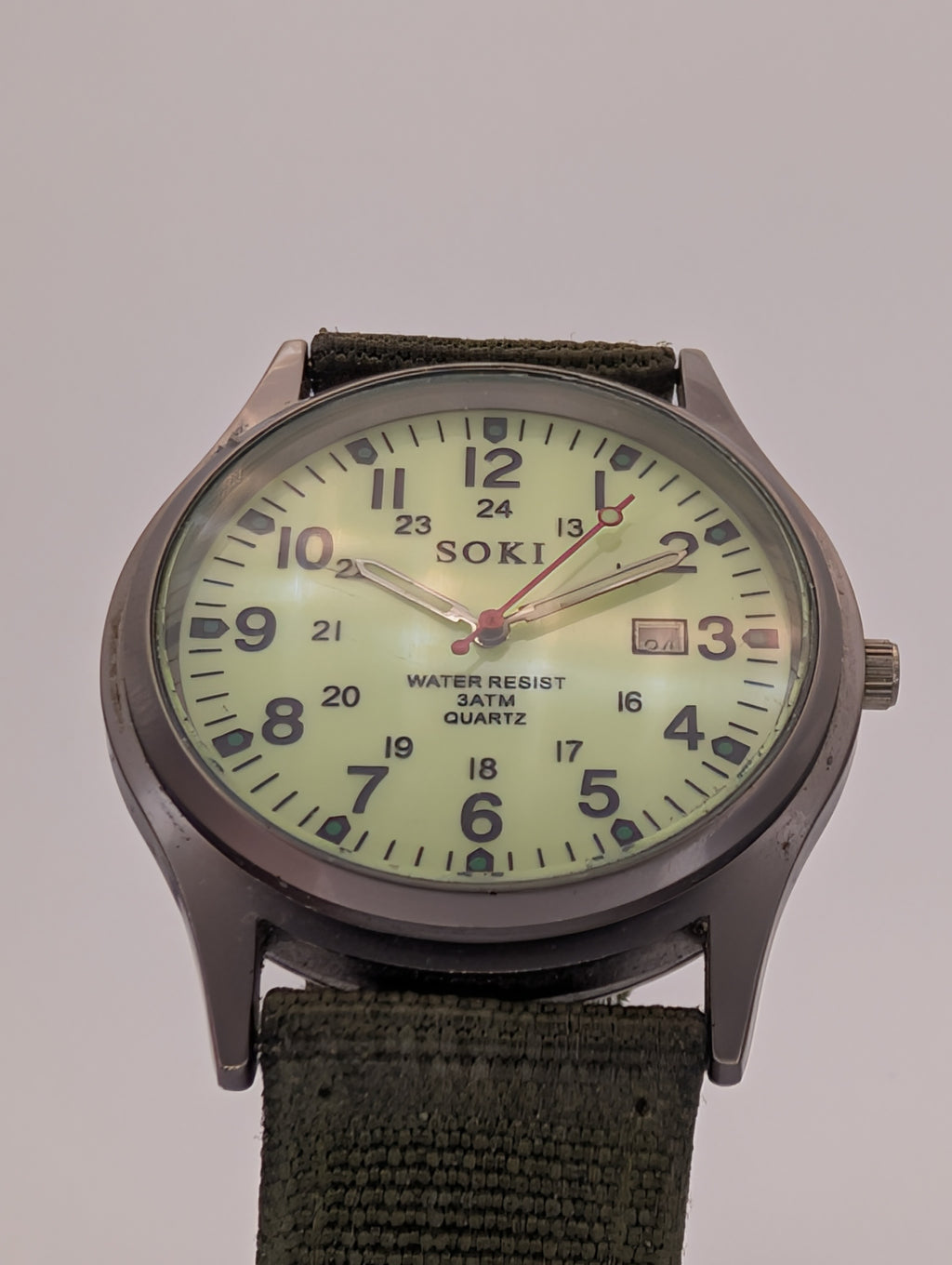 Soki Military Style Quartz Watch on Olive Green Two Piece NATO