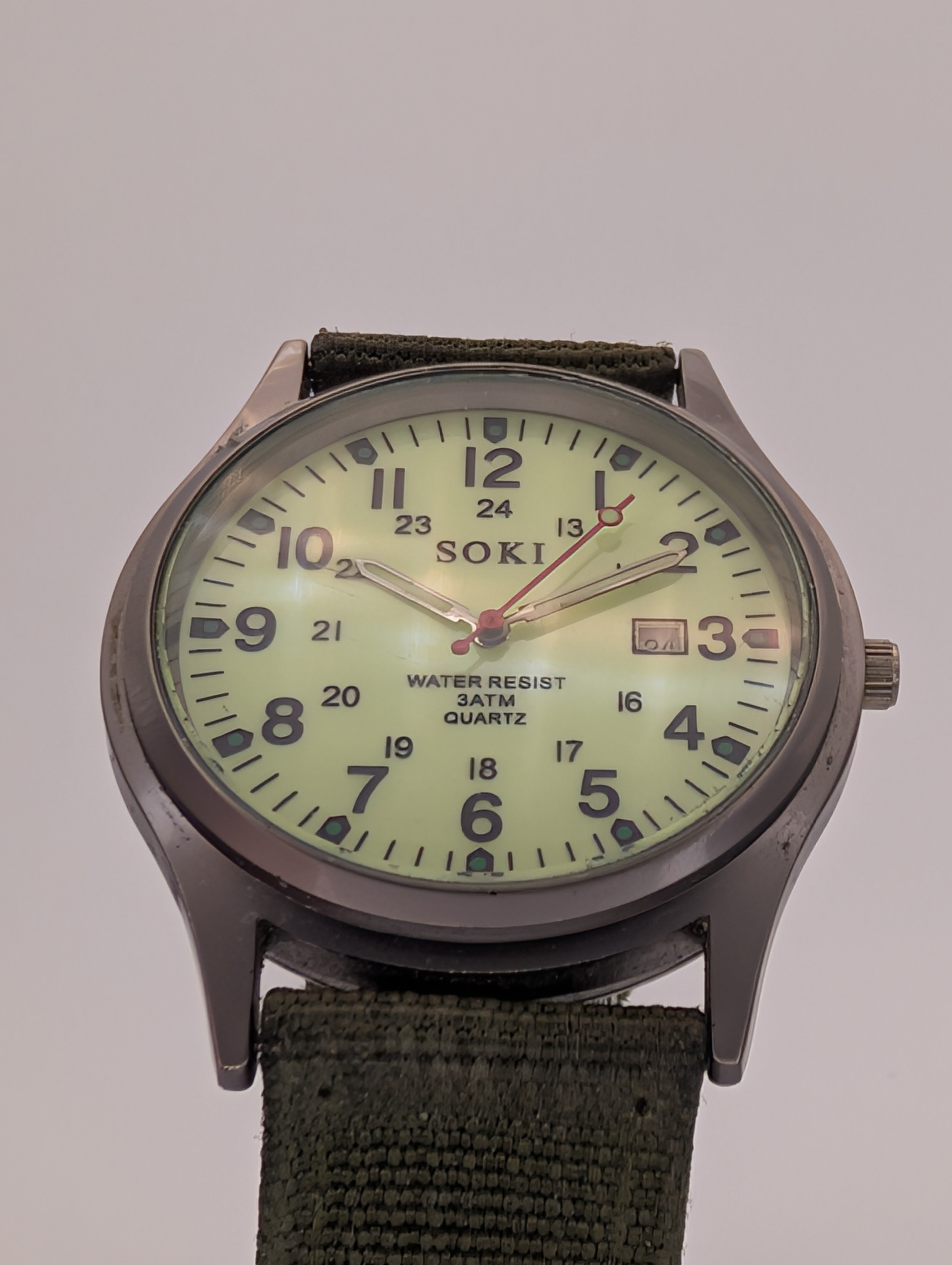 Soki Military Style Quartz Watch on Olive Green Two Piece NATO