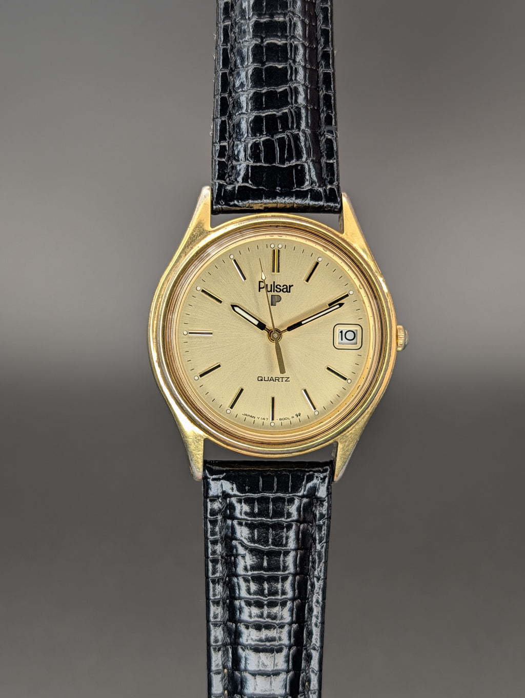 Pulsar Quartz Vintage Watch Gold Tone on Lizard Print Leather Strap