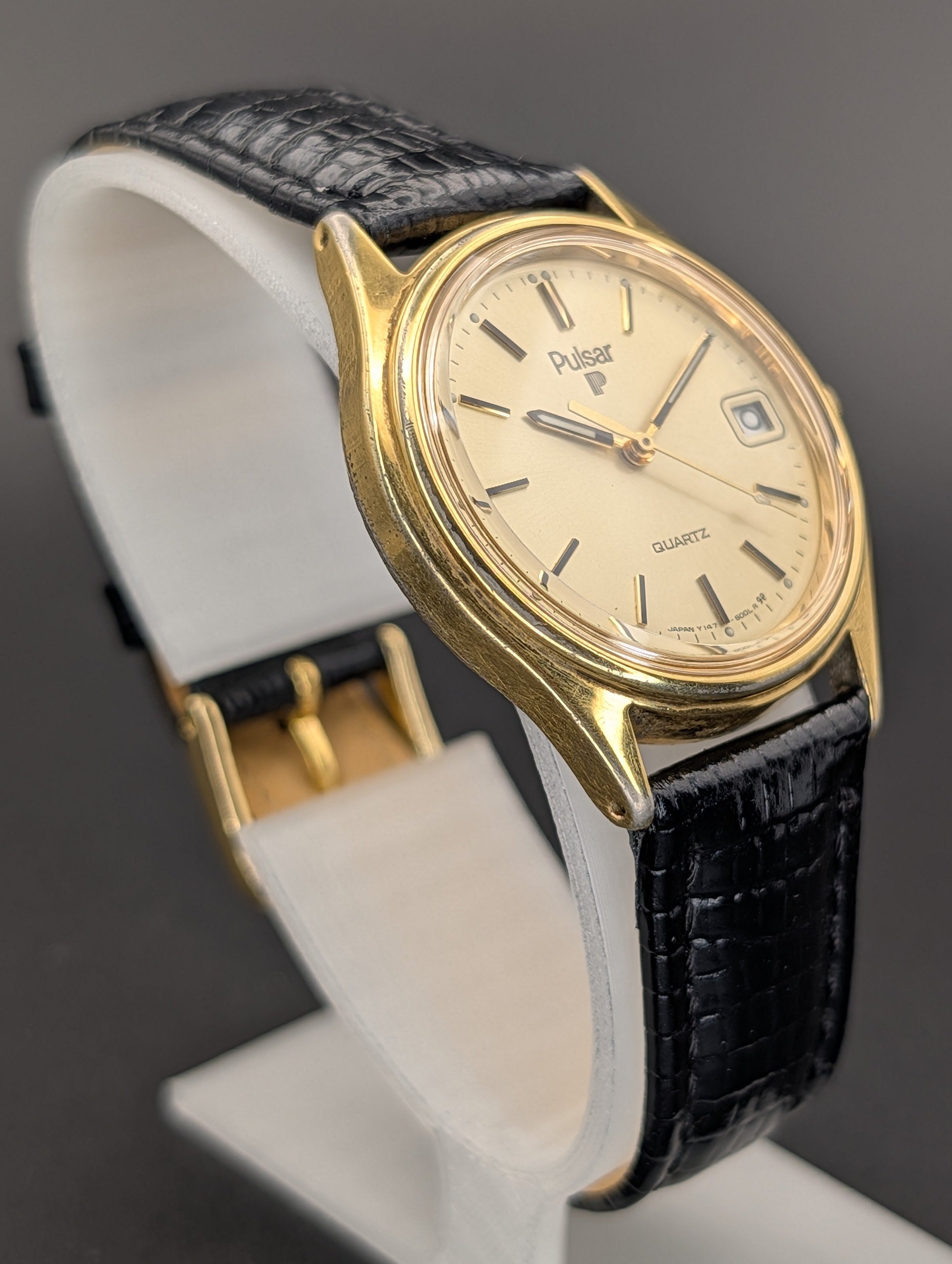 Pulsar Quartz Vintage Watch Gold Tone on Lizard Print Leather Strap