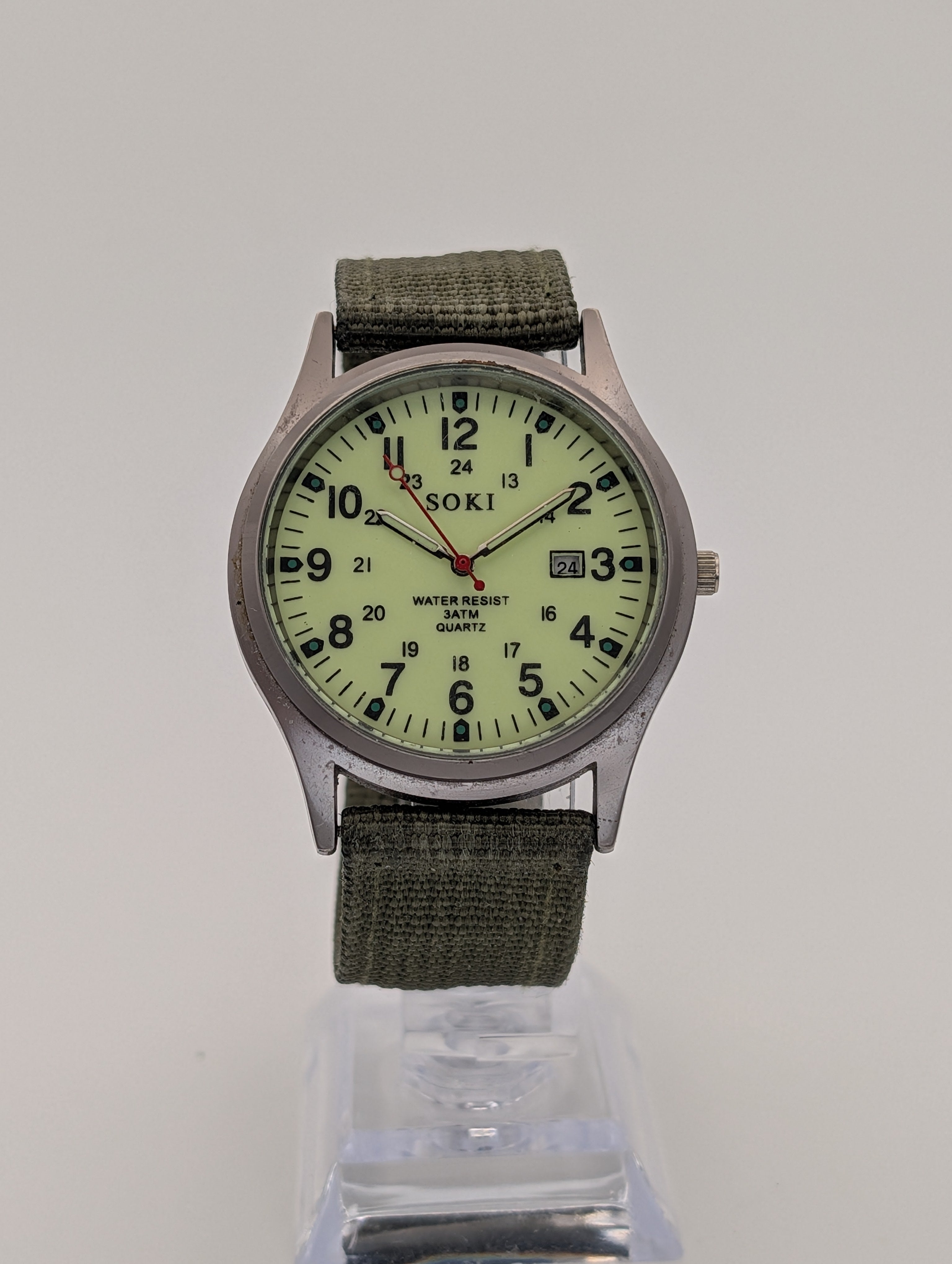 Soki Military Style Quartz Watch on Olive Green Two Piece NATO