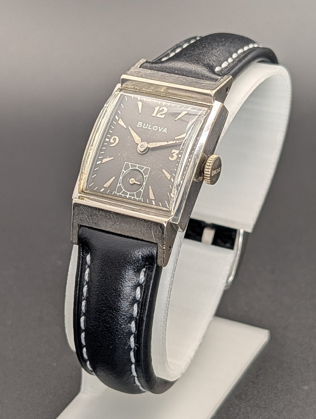 Bulova Douglas (1953) Gray Dial Vintage Watch in 10k Gold Filled Case on Black Leather Strap