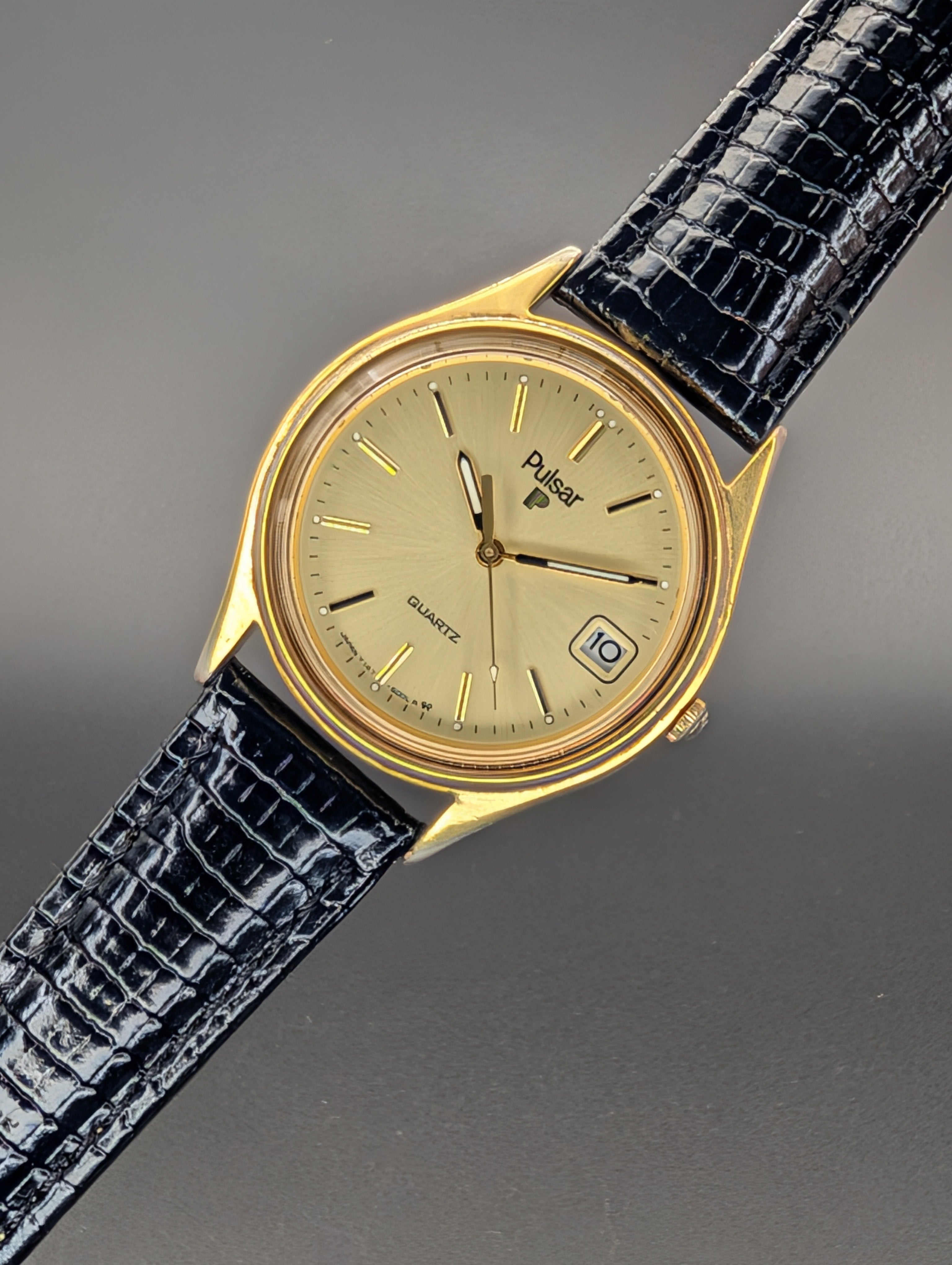Pulsar Quartz Vintage Watch Gold Tone on Lizard Print Leather Strap
