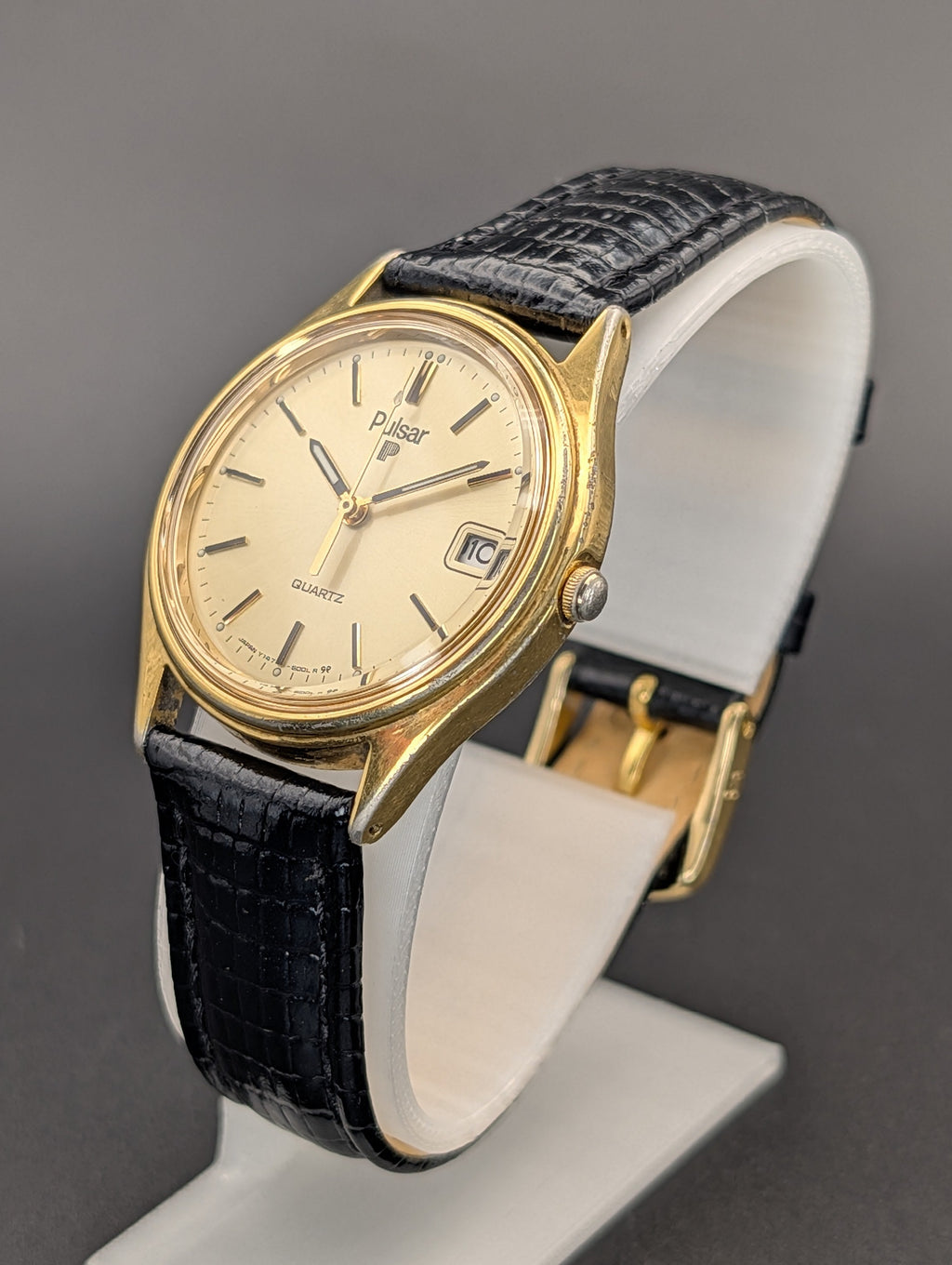 Pulsar Quartz Vintage Watch Gold Tone on Lizard Print Leather Strap