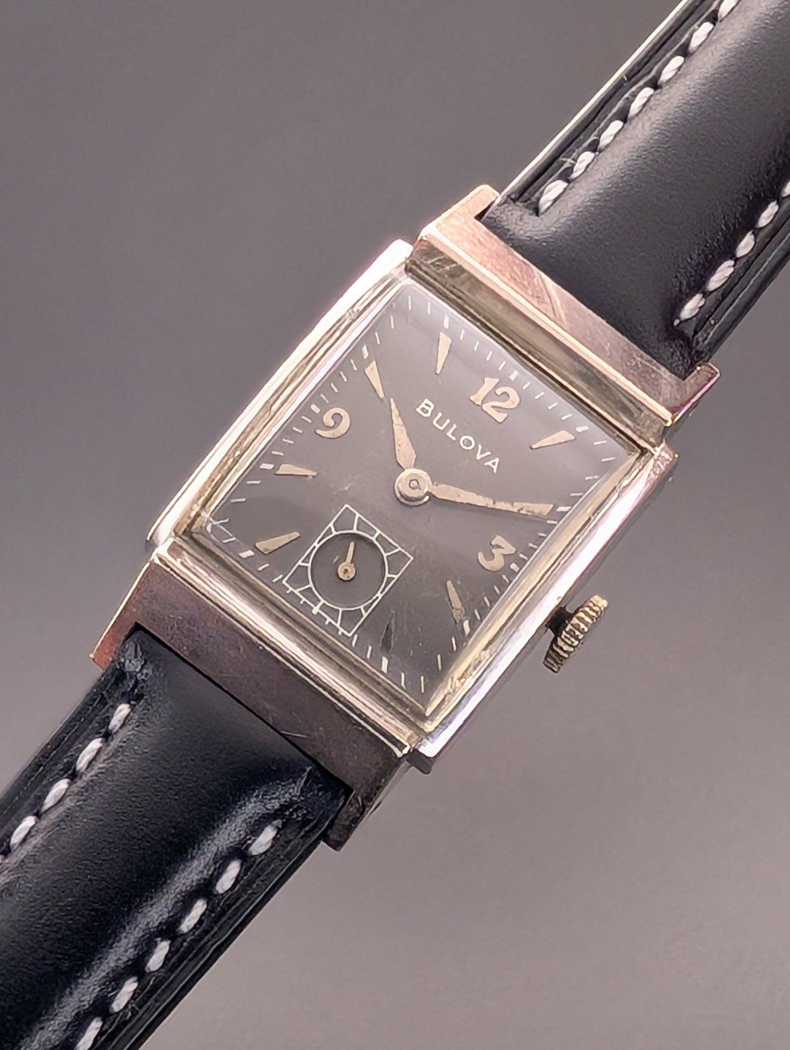 Bulova Douglas (1953) Gray Dial Vintage Watch in 10k Gold Filled Case on Black Leather Strap