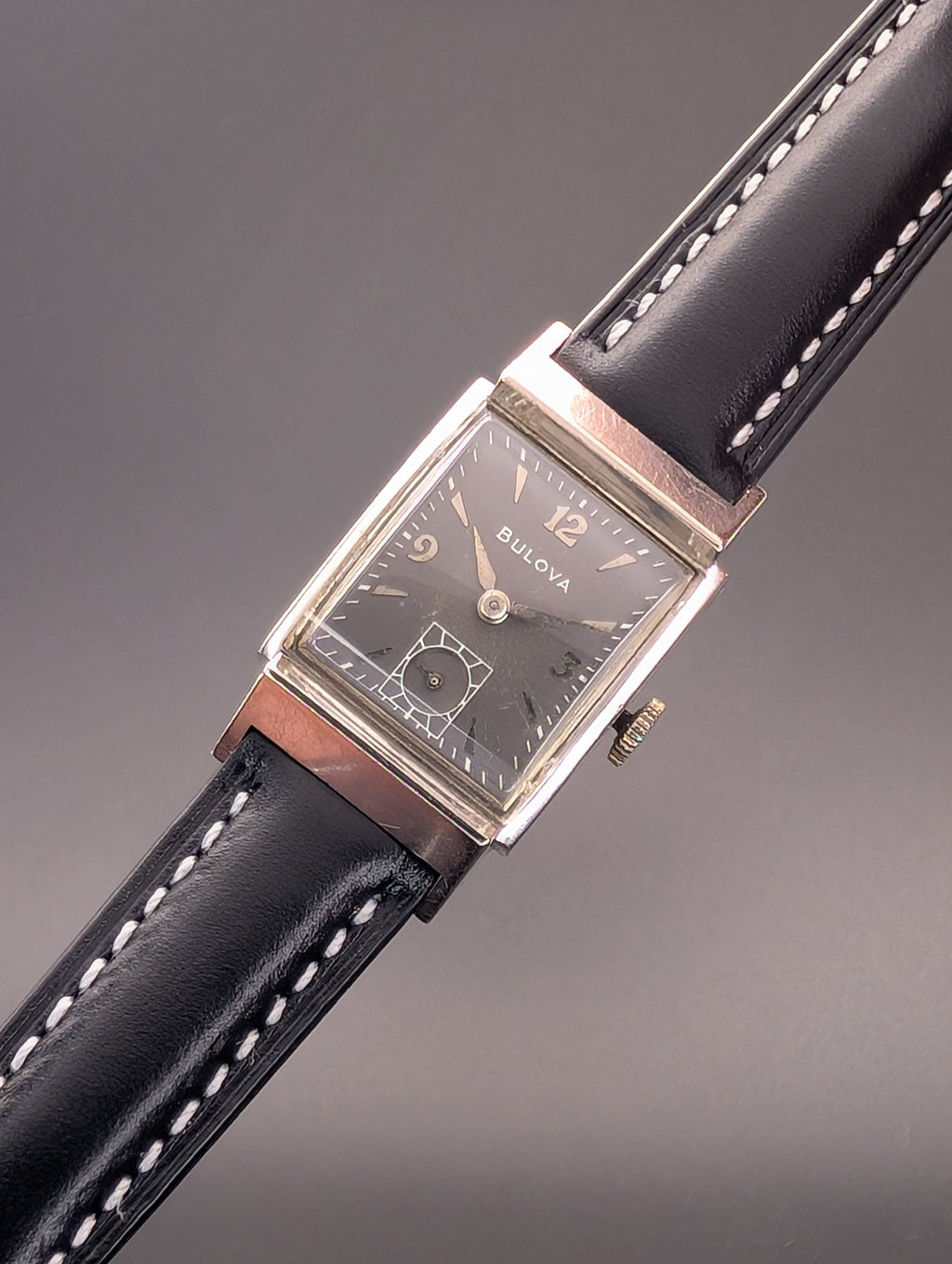 Bulova Douglas (1953) Gray Dial Vintage Watch in 10k Gold Filled Case on Black Leather Strap