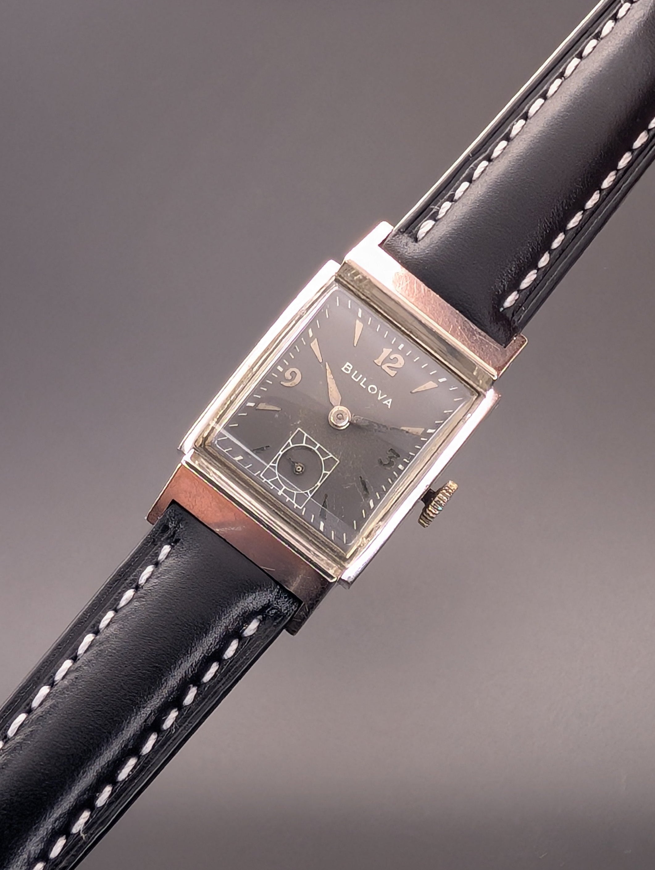 Bulova Douglas (1953) Gray Dial Vintage Watch in 10k Gold Filled Case on Black Leather Strap