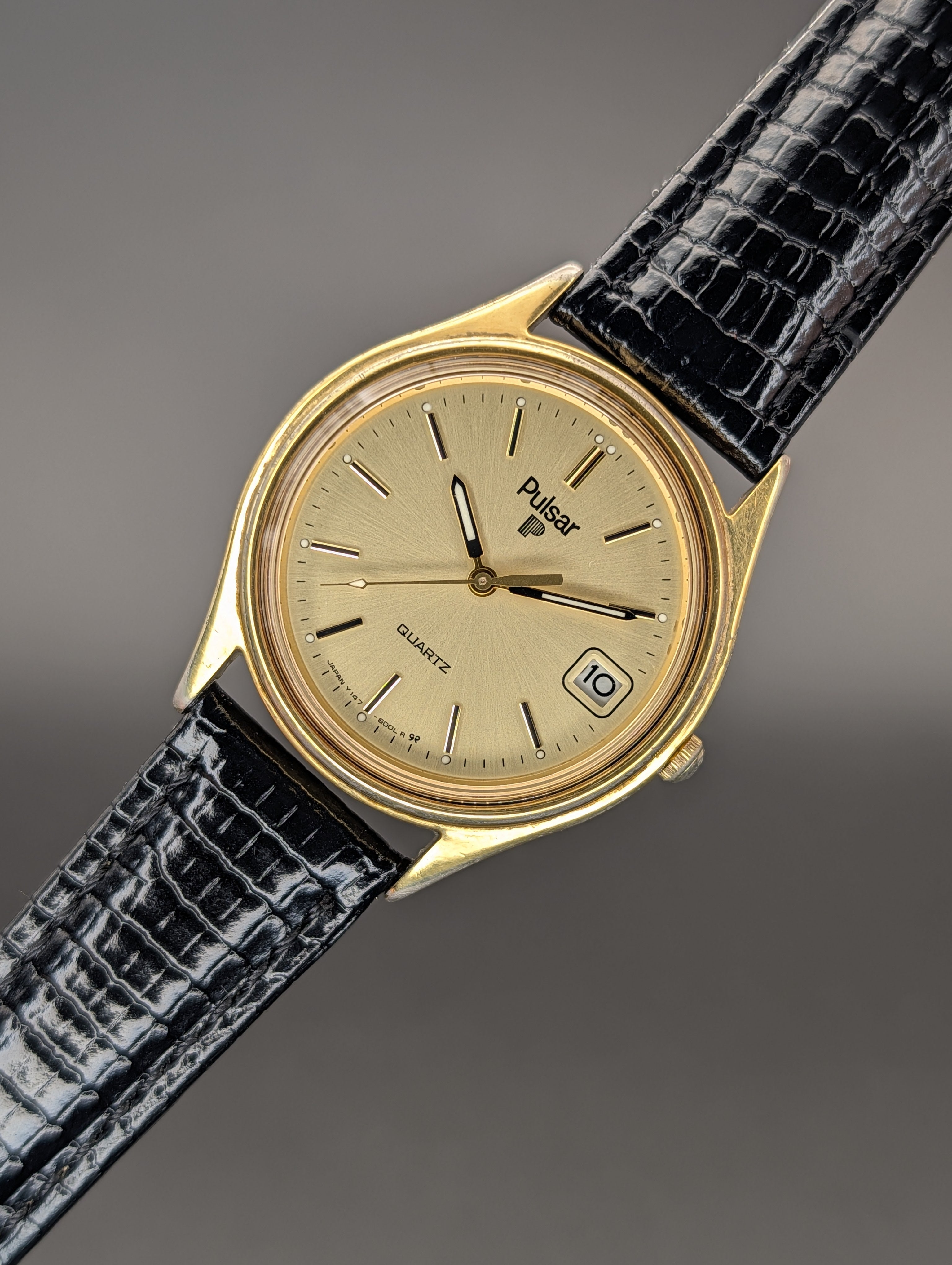 Pulsar Quartz Vintage Watch Gold Tone on Lizard Print Leather Strap